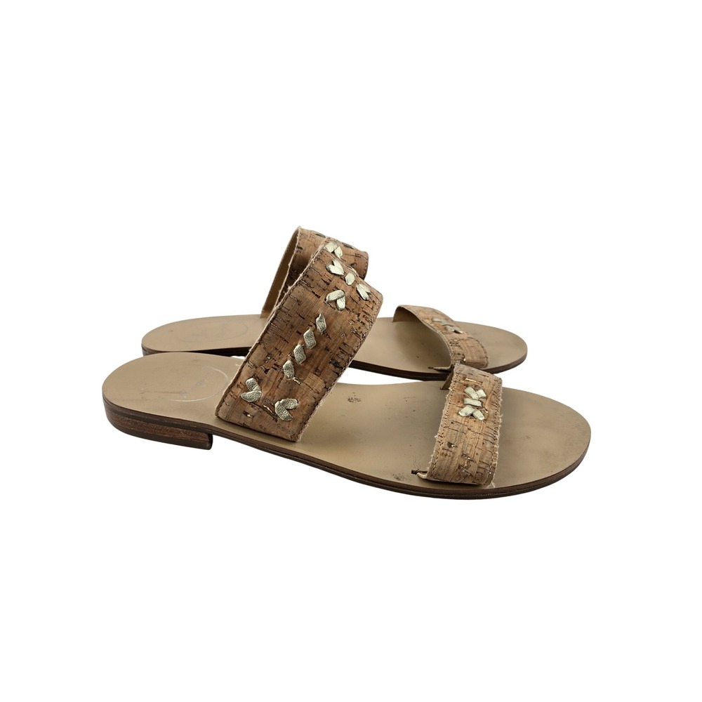 Jack‎ Rogers Adair Cork Slide Sandals Gold Whipstitch Embroidery Tan Womens 8M